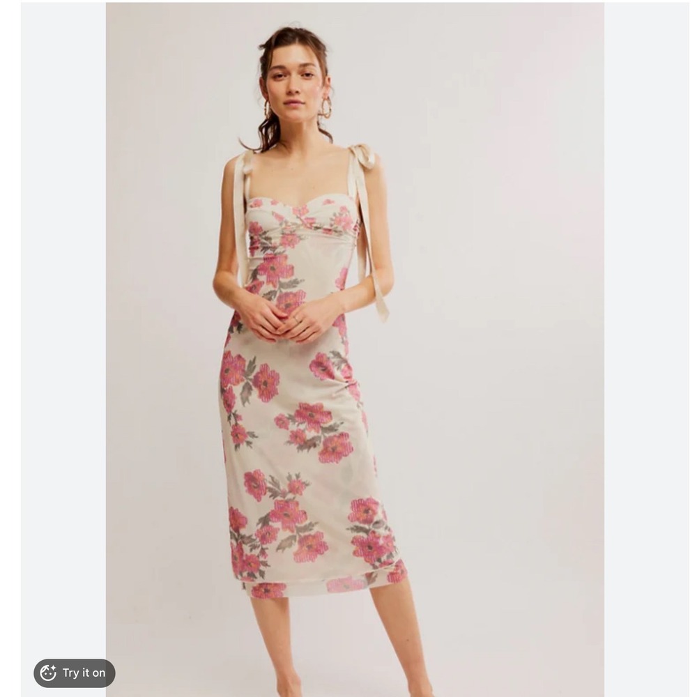 Free People Intimately Floral Mesh Midi Dress Ivory Pink XL New